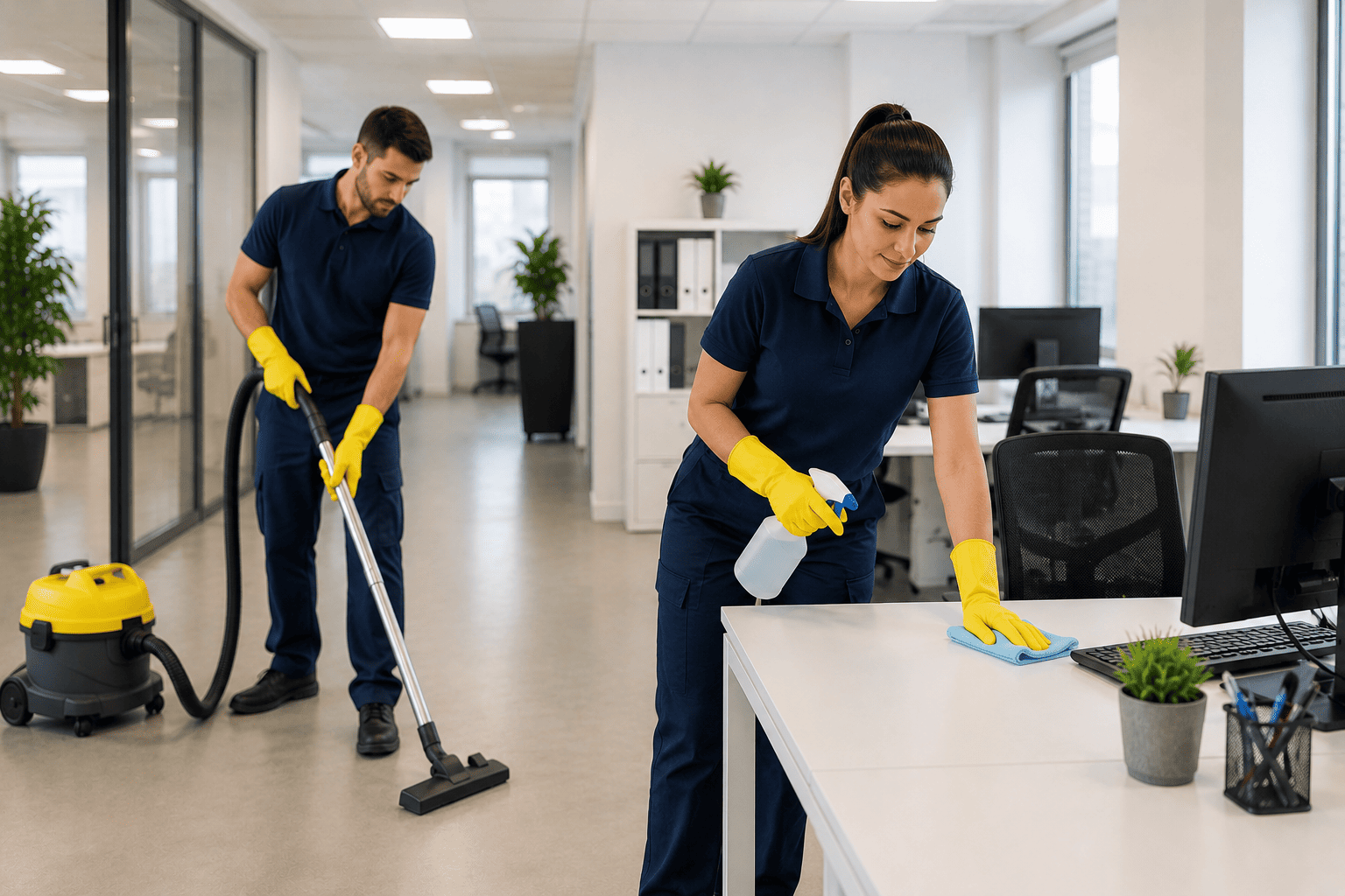 Equipo profesional de Zentro Limpiezas realizando limpieza de oficina en Ferrol